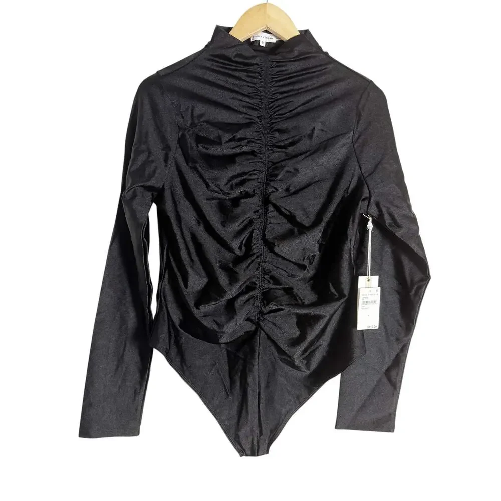 Good American Good Touch Disco Ruched Mock Neck Thong Bodysuit Black Size XXL